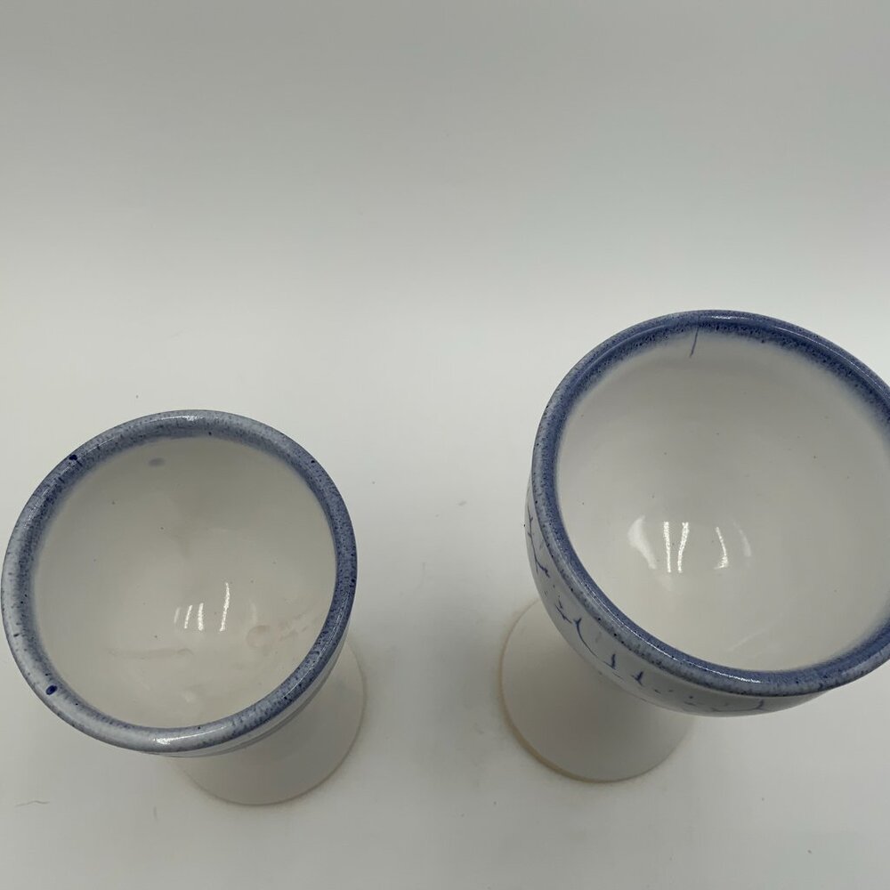 2 Sgnd Amy L Pottery Goblets Glazed Wine Chalices Blue & White - Picture 2 of 9